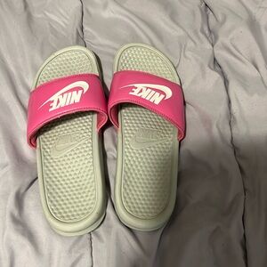 Size 9 Nike slides women pink and white